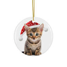 DistinctInk Hanging Ceramic Christmas Tree Ornament with Gold String - Great Gift/Present - 2 3/4 inch Diameter - Savannah Kitten Design