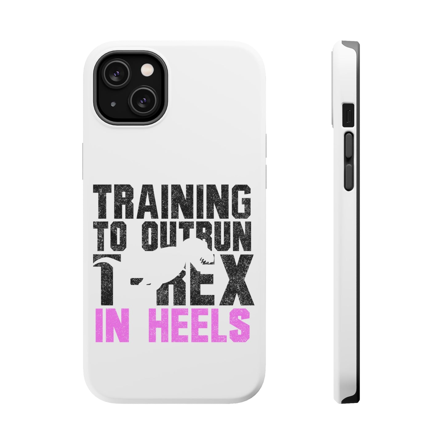 DistinctInk ToughCase for Apple iPhone, Compatible with MagSafe Charging - Training to Outrun T-Rex in Heels