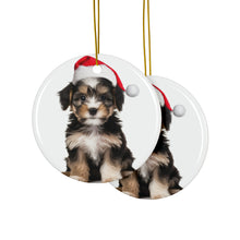 DistinctInk Hanging Ceramic Christmas Tree Ornament with Gold String - Great Gift/Present - 2 3/4 inch Diameter - Löwchen Puppy Design