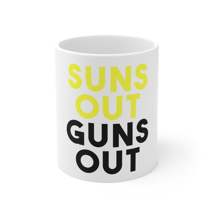 DistinctInk Glossy White Coffee / Tea Mug - Suns Out, Guns Out