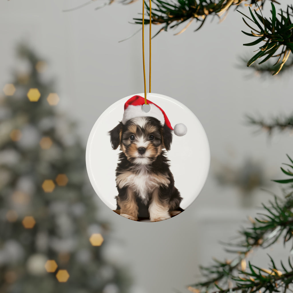 Hanging Ceramic Christmas Tree Ornament with Gold String - Löwchen Puppy Design, view 3