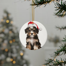 DistinctInk Hanging Ceramic Christmas Tree Ornament with Gold String - Great Gift/Present - 2 3/4 inch Diameter - Löwchen Puppy Design