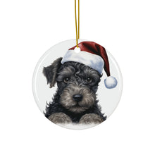DistinctInk Hanging Ceramic Christmas Tree Ornament with Gold String - Great Gift/Present - 2 3/4 inch Diameter - Kerry Blue Terrier Puppy Drawing Design