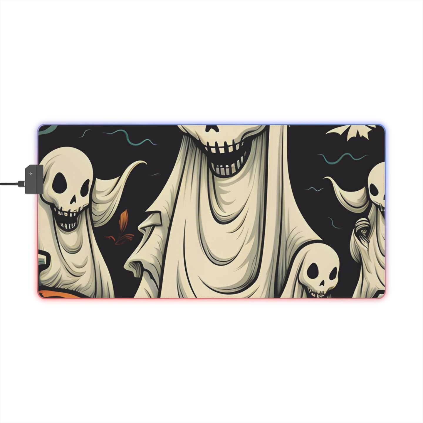 DistinctInk LED Gaming Mouse Pad with Spooky Skeleton Pumpkins Design for Halloween