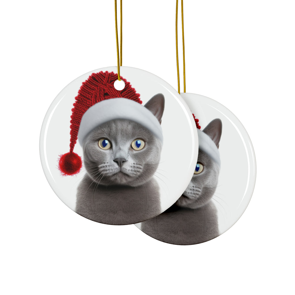 Hanging Ceramic Christmas Tree Ornament with Gold String - Russian Blue Cat Design, view 2