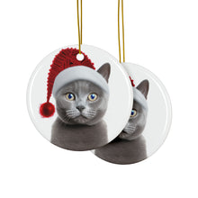 DistinctInk Hanging Ceramic Christmas Tree Ornament with Gold String - Great Gift/Present - 2 3/4 inch Diameter - Russian Blue Cat Design