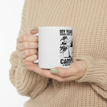 DistinctInk Glossy White Coffee / Tea Mug - Two Seasons - Camping, Waiting for Camping