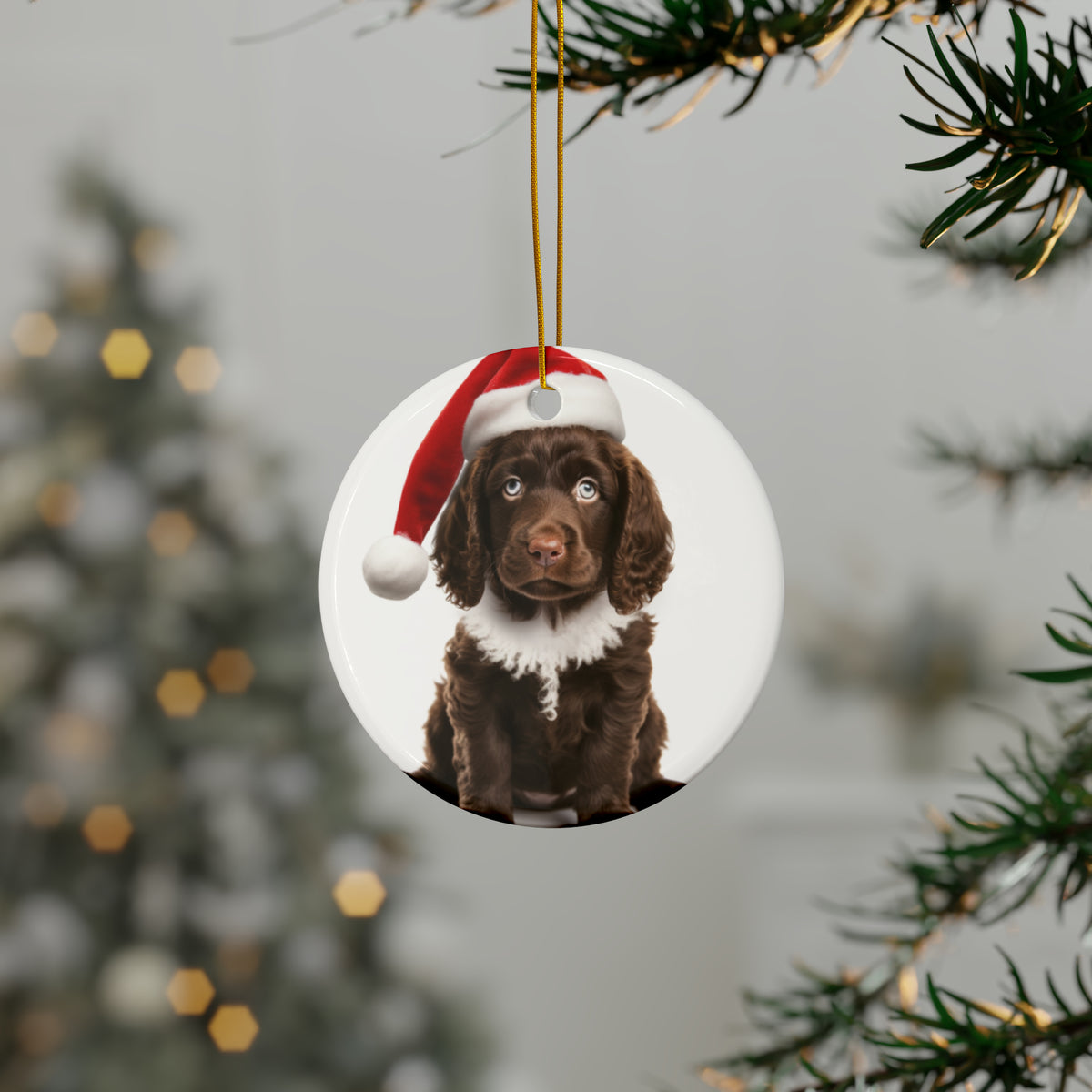 Hanging Ceramic Christmas Tree Ornament with Gold String - American Water Spaniel Puppy Design, view 3
