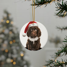 DistinctInk Hanging Ceramic Christmas Tree Ornament with Gold String - Great Gift/Present - 2 3/4 inch Diameter - American Water Spaniel Puppy Design