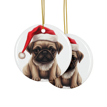 DistinctInk Hanging Ceramic Christmas Tree Ornament with Gold String - Great Gift/Present - 2 3/4 inch Diameter - Pug Puppy Drawing Design