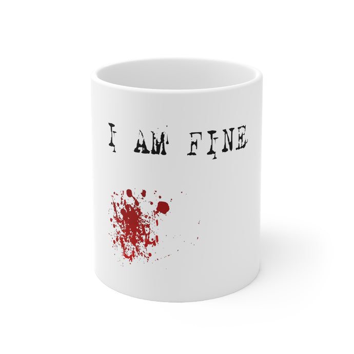 DistinctInk Glossy White Coffee / Tea Mug - I Am Fine - Blood Splatter