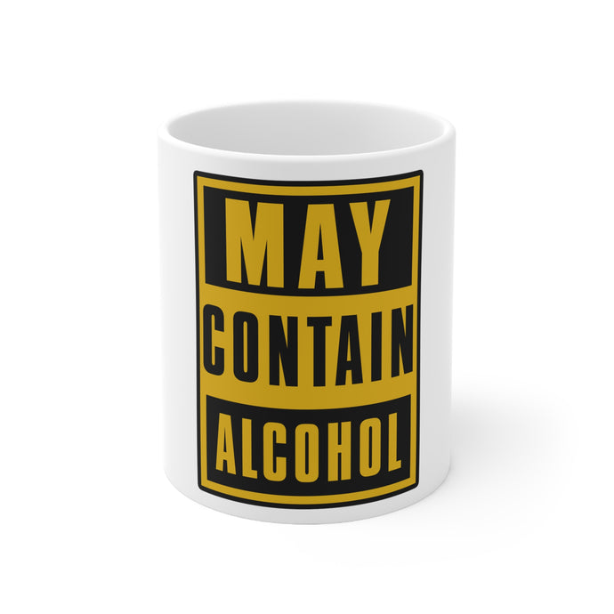 DistinctInk Glossy White Coffee / Tea Mug - May Contain Alcohol Warning Sign
