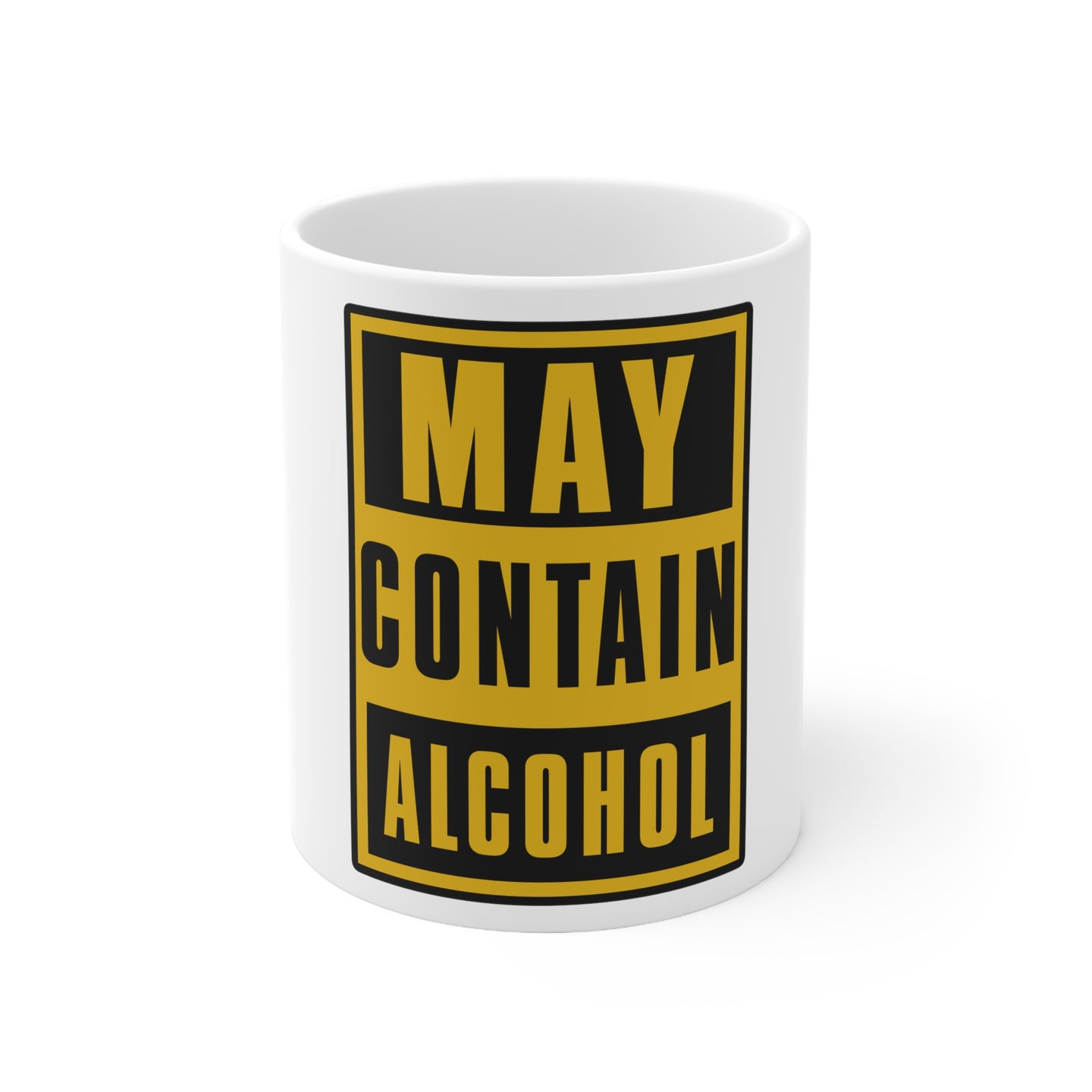 DistinctInk Glossy White Coffee / Tea Mug - May Contain Alcohol Warning Sign