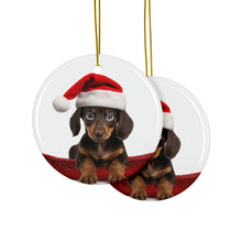 DistinctInk Hanging Ceramic Christmas Tree Ornament with Gold String - Great Gift/Present - 2 3/4 inch Diameter - Dachshund Puppy Design