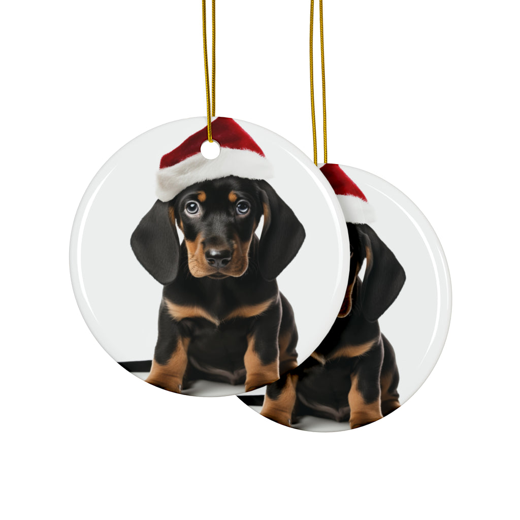 Hanging Ceramic Christmas Tree Ornament with Gold String - Black and Tan Coonhound Puppy Design, view 2