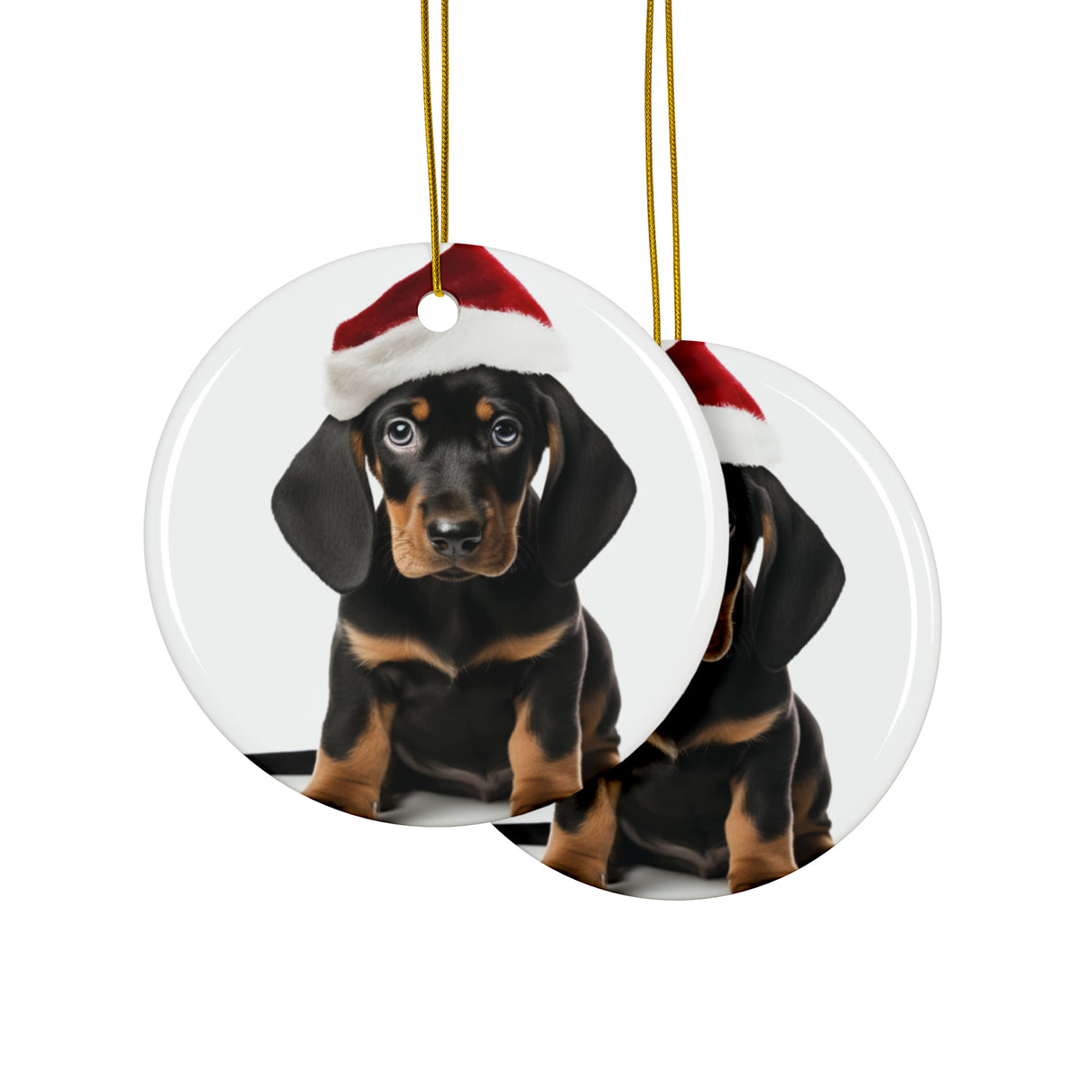 Hanging Ceramic Christmas Tree Ornament with Gold String - Black and Tan Coonhound Puppy Design, view 2