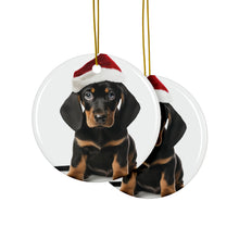 DistinctInk Hanging Ceramic Christmas Tree Ornament with Gold String - Great Gift/Present - 2 3/4 inch Diameter - Black and Tan Coonhound Puppy Design