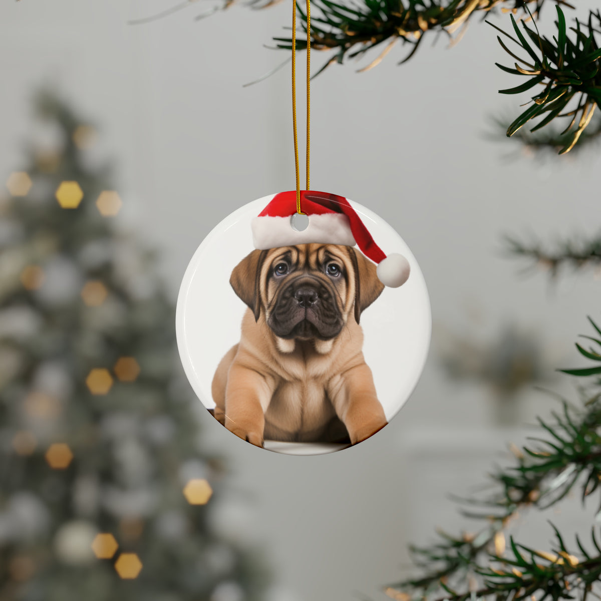 Hanging Ceramic Christmas Tree Ornament with Gold String - Mastiff Puppy Design, view 3