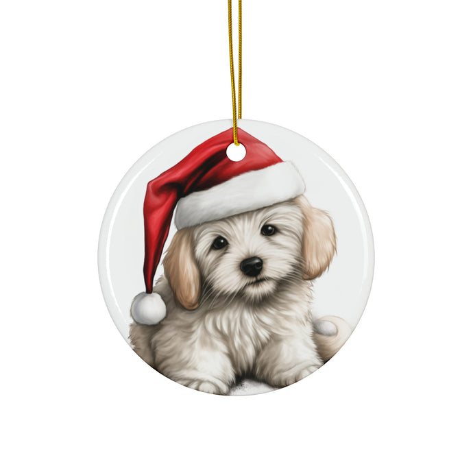 DistinctInk Hanging Ceramic Christmas Tree Ornament with Gold String - Great Gift/Present - 2 3/4 inch Diameter - Coton de Tulear Puppy Drawing Design