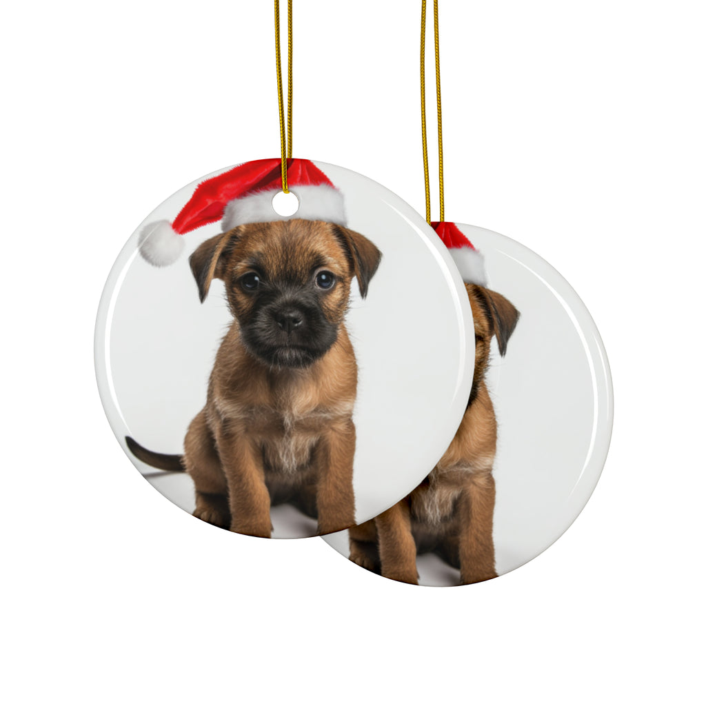 Hanging Ceramic Christmas Tree Ornament with Gold String - Border Terrier Puppy Design, view 2