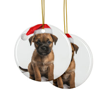 DistinctInk Hanging Ceramic Christmas Tree Ornament with Gold String - Great Gift/Present - 2 3/4 inch Diameter - Border Terrier Puppy Design