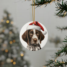 DistinctInk Hanging Ceramic Christmas Tree Ornament with Gold String - Great Gift/Present - 2 3/4 inch Diameter - Pointer Puppy Drawing Design