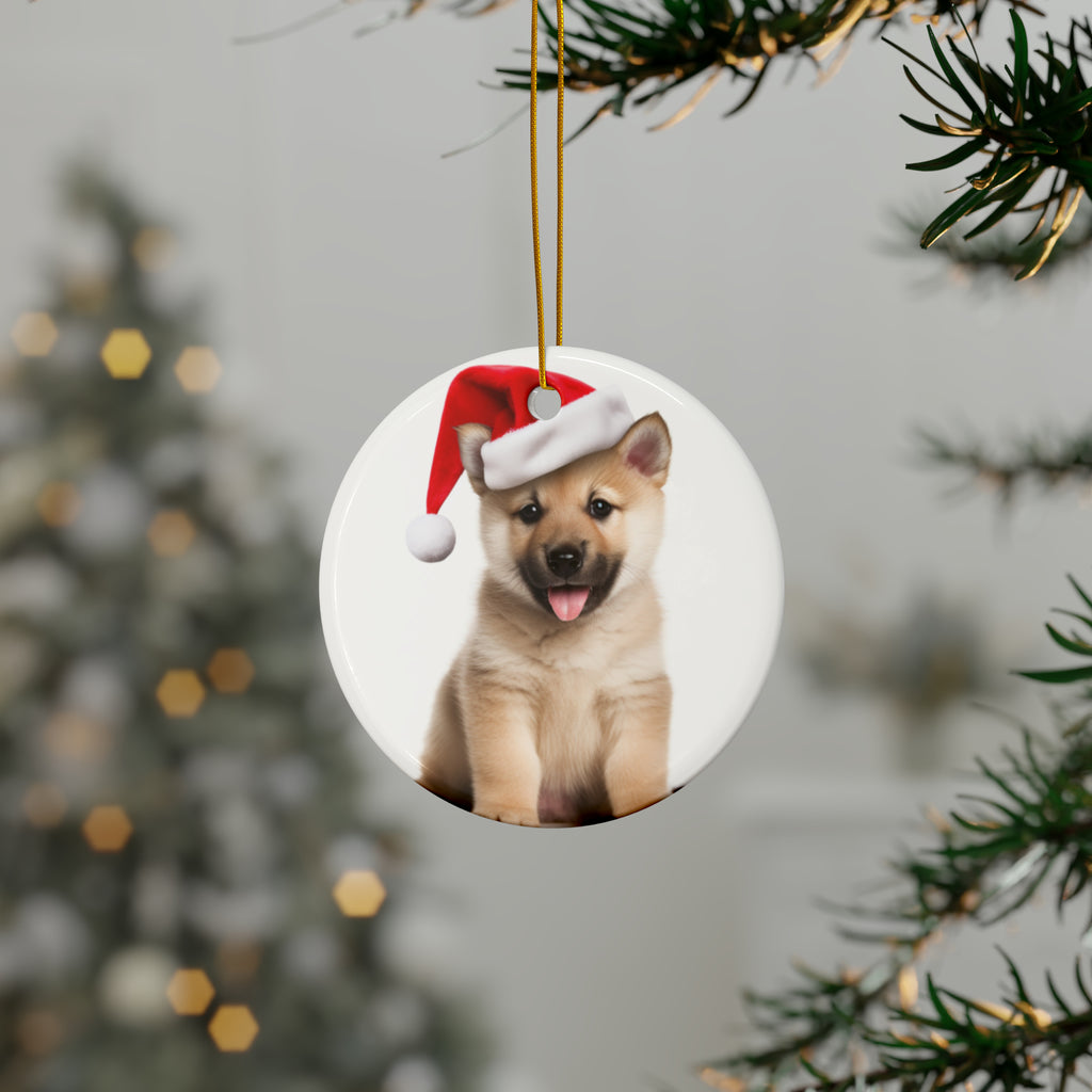 Hanging Ceramic Christmas Tree Ornament with Gold String - Norwegian Buhund Puppy Design, view 3
