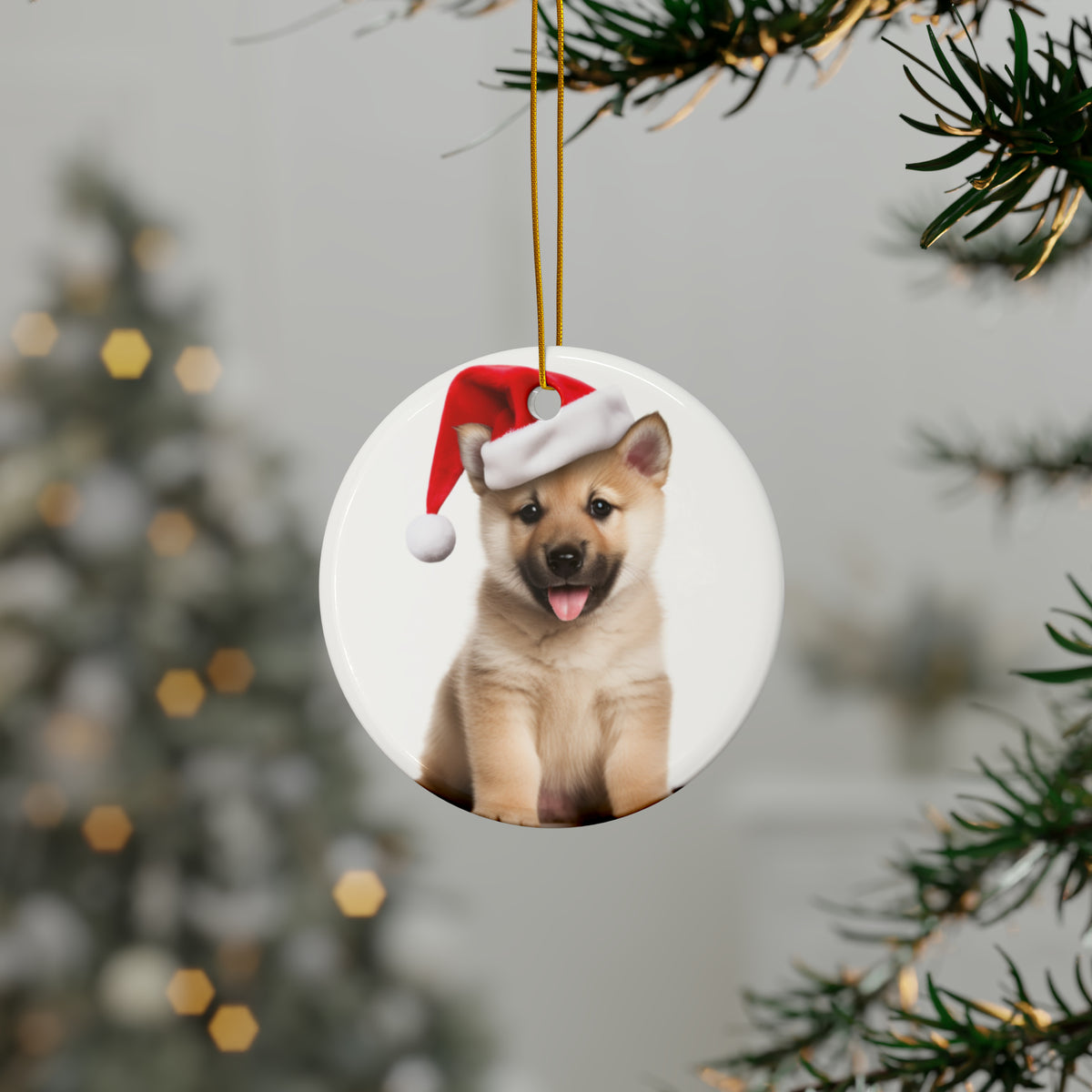 Hanging Ceramic Christmas Tree Ornament with Gold String - Norwegian Buhund Puppy Design, view 3