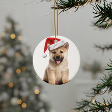 DistinctInk Hanging Ceramic Christmas Tree Ornament with Gold String - Great Gift/Present - 2 3/4 inch Diameter - Norwegian Buhund Puppy Design
