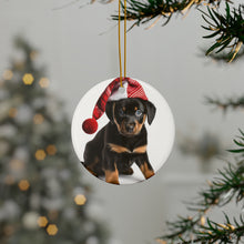 DistinctInk Hanging Ceramic Christmas Tree Ornament with Gold String - Great Gift/Present - 2 3/4 inch Diameter - Beauceron Puppy Design
