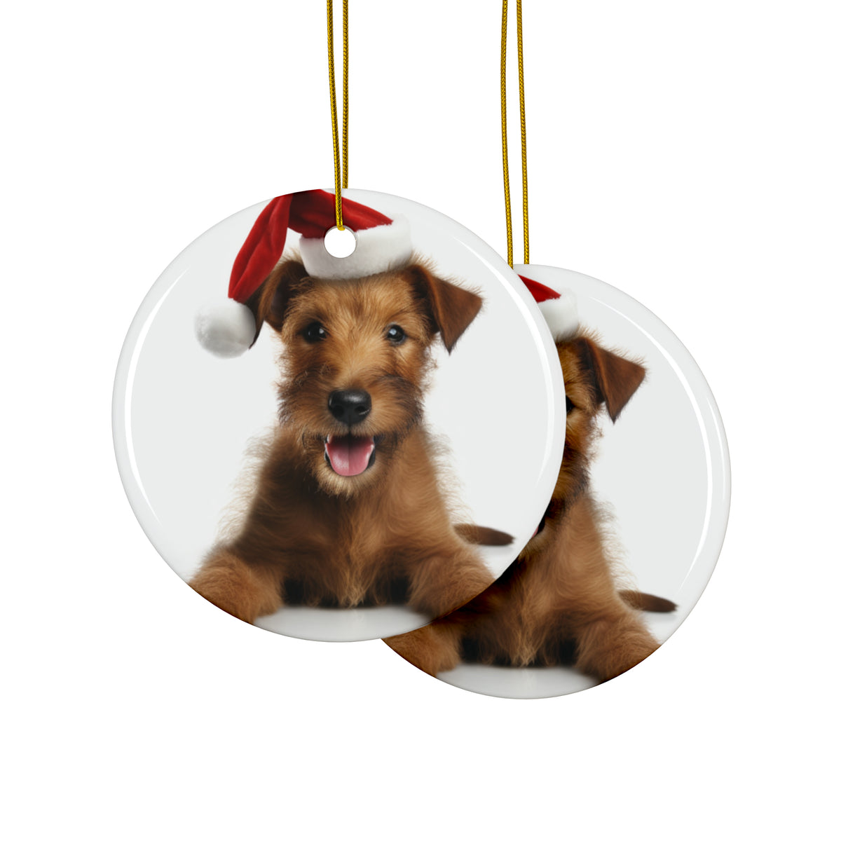 Hanging Ceramic Christmas Tree Ornament with Gold String - Irish Terrier Puppy Design, view 2