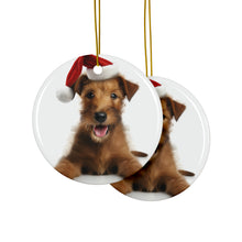 DistinctInk Hanging Ceramic Christmas Tree Ornament with Gold String - Great Gift/Present - 2 3/4 inch Diameter - Irish Terrier Puppy Design