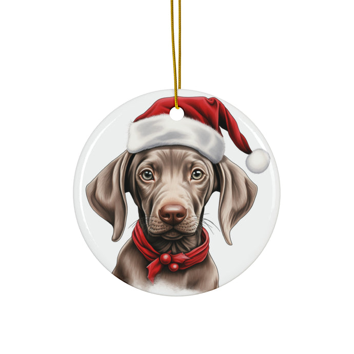 DistinctInk Hanging Ceramic Christmas Tree Ornament with Gold String - Great Gift/Present - 2 3/4 inch Diameter - Weimaraner Puppy Drawing Design