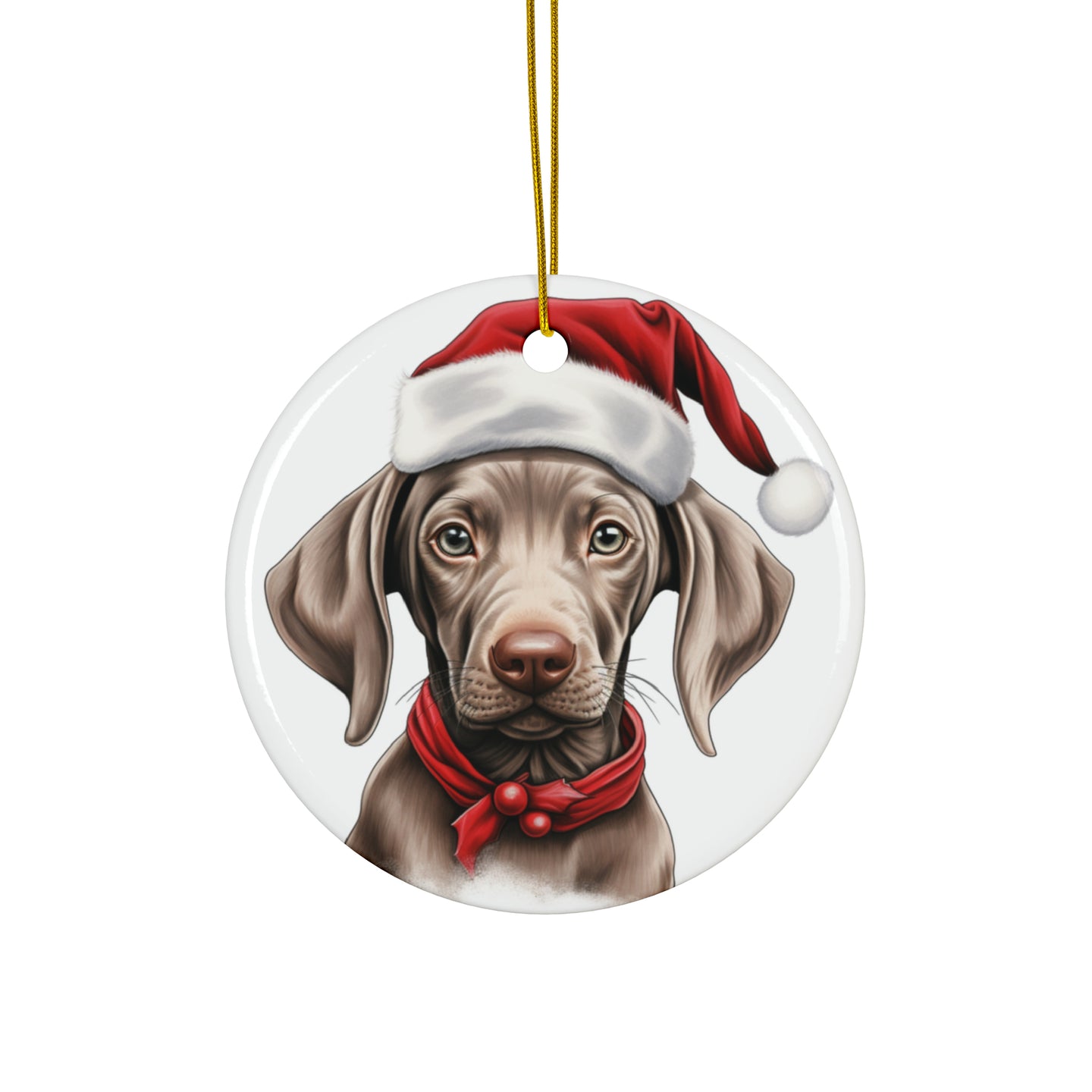 DistinctInk Hanging Ceramic Christmas Tree Ornament with Gold String - Great Gift/Present - 2 3/4 inch Diameter - Weimaraner Puppy Drawing Design