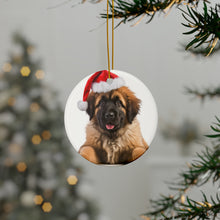 DistinctInk Hanging Ceramic Christmas Tree Ornament with Gold String - Great Gift/Present - 2 3/4 inch Diameter - Leonberger Puppy Design