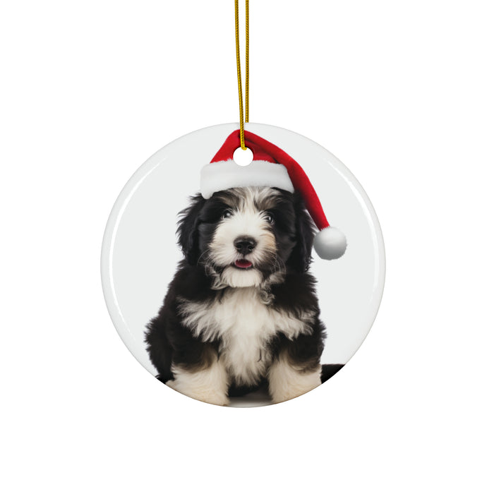 DistinctInk Hanging Ceramic Christmas Tree Ornament with Gold String - Great Gift/Present - 2 3/4 inch Diameter - Polish Lowland Sheepdog Puppy Design