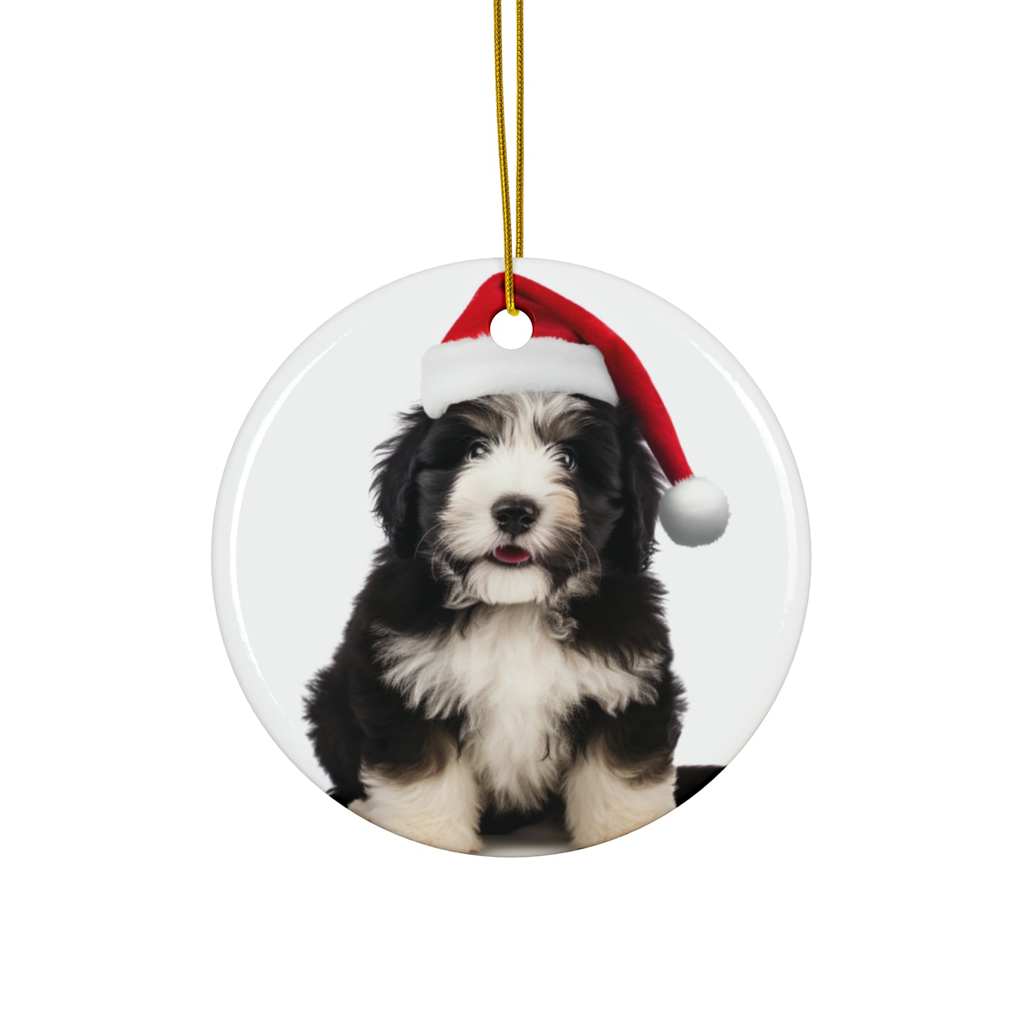 DistinctInk Hanging Ceramic Christmas Tree Ornament with Gold String - Great Gift/Present - 2 3/4 inch Diameter - Polish Lowland Sheepdog Puppy Design