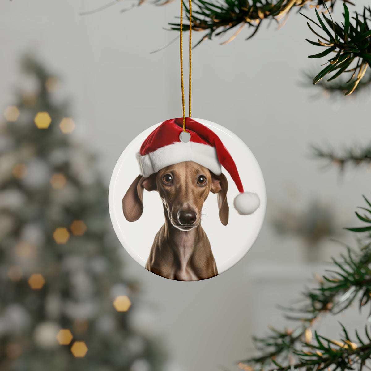 Hanging Ceramic Christmas Tree Ornament with Gold String - Azawakh Puppy Design, view 3