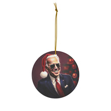 DistinctInk Hanging Ceramic Christmas Tree Ornament Charm with Gold String - Great Gift/Present - 2 3/4 inch Diameter - Biden's Merry Christmas Cool Sunglasses