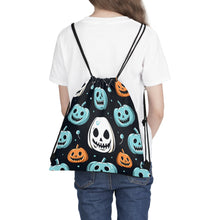 DistinctInk Drawstring Bag / Backpack with Skele-Ghostly Pumpkin Patch Design for Halloween