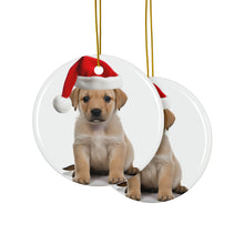 DistinctInk Hanging Ceramic Christmas Tree Ornament with Gold String - Great Gift/Present - 2 3/4 inch Diameter - Chinook Puppy Design
