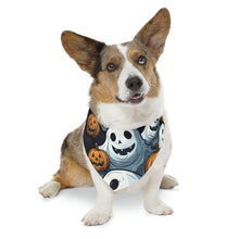DistinctInk Adjustable Pet Banana Collar with Ghoulish Ghostbusters and Pumpkins Design for Halloween