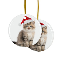 DistinctInk Hanging Ceramic Christmas Tree Ornament with Gold String - Great Gift/Present - 2 3/4 inch Diameter - American Bobtail Kitten Design
