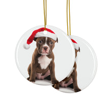 DistinctInk Hanging Ceramic Christmas Tree Ornament with Gold String - Great Gift/Present - 2 3/4 inch Diameter - American Staffordshire Terrier Puppy Design