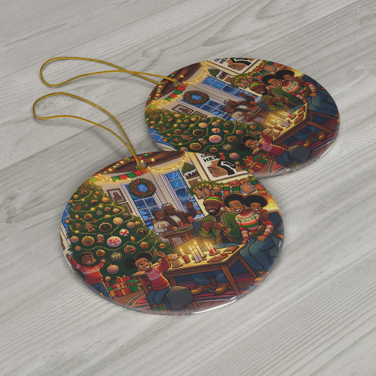 Hanging Ceramic Christmas Tree Ornament Charm with Gold String - Celebrating Heritage at Christmas, view 3