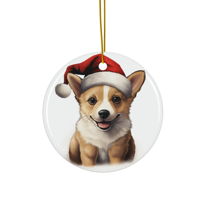 DistinctInk Hanging Ceramic Christmas Tree Ornament with Gold String - Great Gift/Present - 2 3/4 inch Diameter - Norwegian Lundehund Puppy Drawing Design