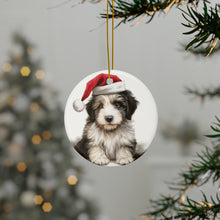 DistinctInk Hanging Ceramic Christmas Tree Ornament with Gold String - Great Gift/Present - 2 3/4 inch Diameter - Polish Lowland Sheepdog Puppy Drawing Design