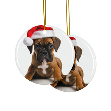 DistinctInk Hanging Ceramic Christmas Tree Ornament with Gold String - Great Gift/Present - 2 3/4 inch Diameter - Boxer Puppy Design