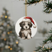 DistinctInk Hanging Ceramic Christmas Tree Ornament with Gold String - Great Gift/Present - 2 3/4 inch Diameter - Havanese Puppy Drawing Design