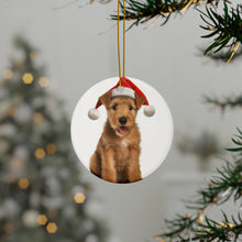 DistinctInk Hanging Ceramic Christmas Tree Ornament with Gold String - Great Gift/Present - 2 3/4 inch Diameter - Lakeland Terrier Puppy Design